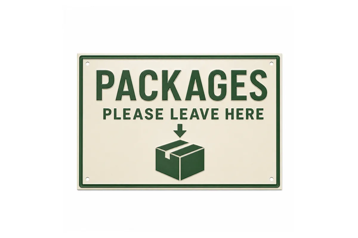 Packages Please Leave Here kabartmalı metal tabela